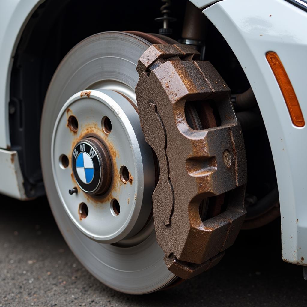 Worn brake pads on a BMW 328i