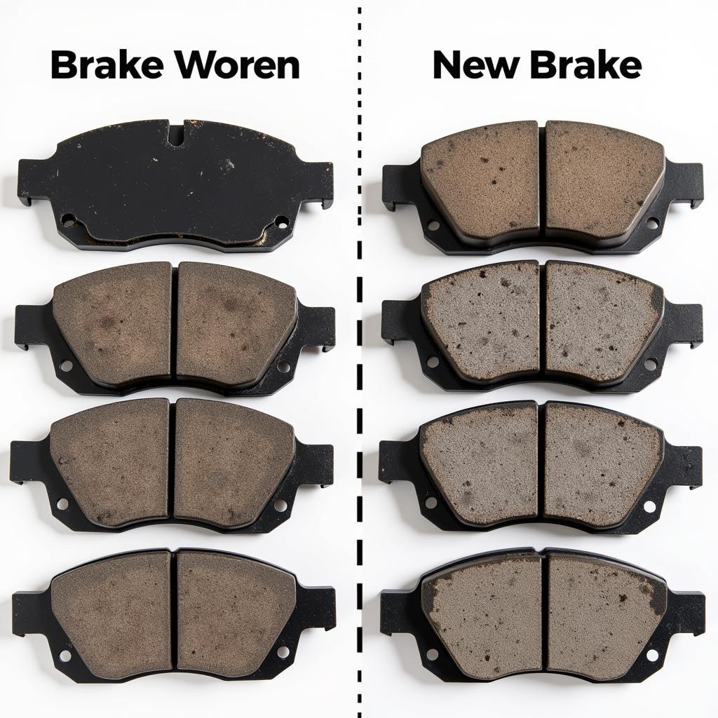 Worn brake pads next to new brake pads