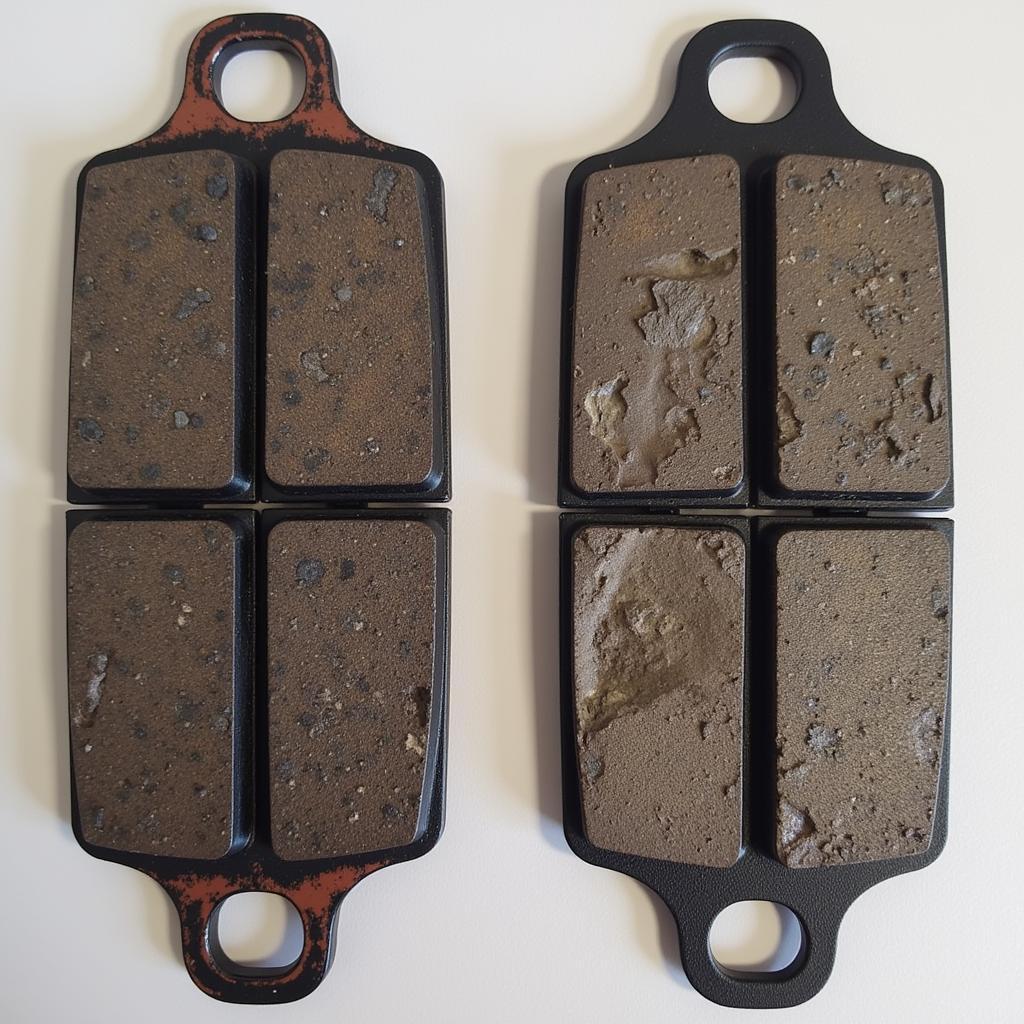 Worn brake pads next to new brake pads