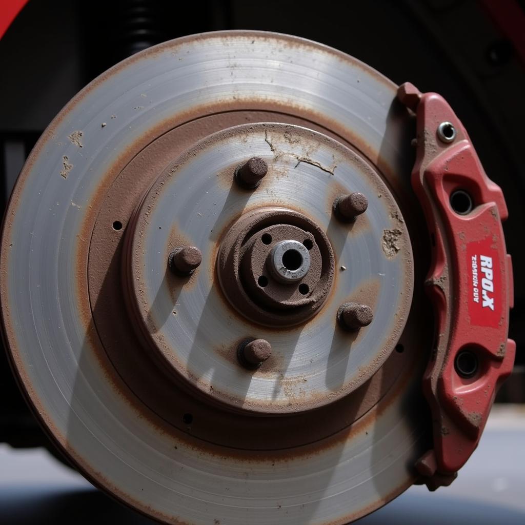 Worn brake pads on a Ford Mustang