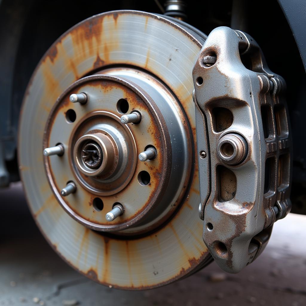 Severely worn brake pads on a Saab 9-5