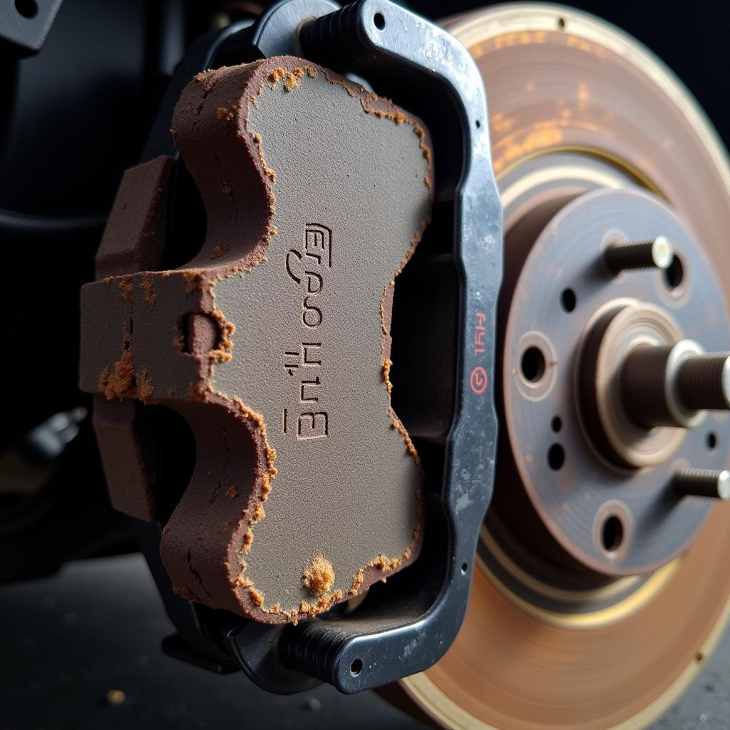 Worn brake pads on a Scion xB