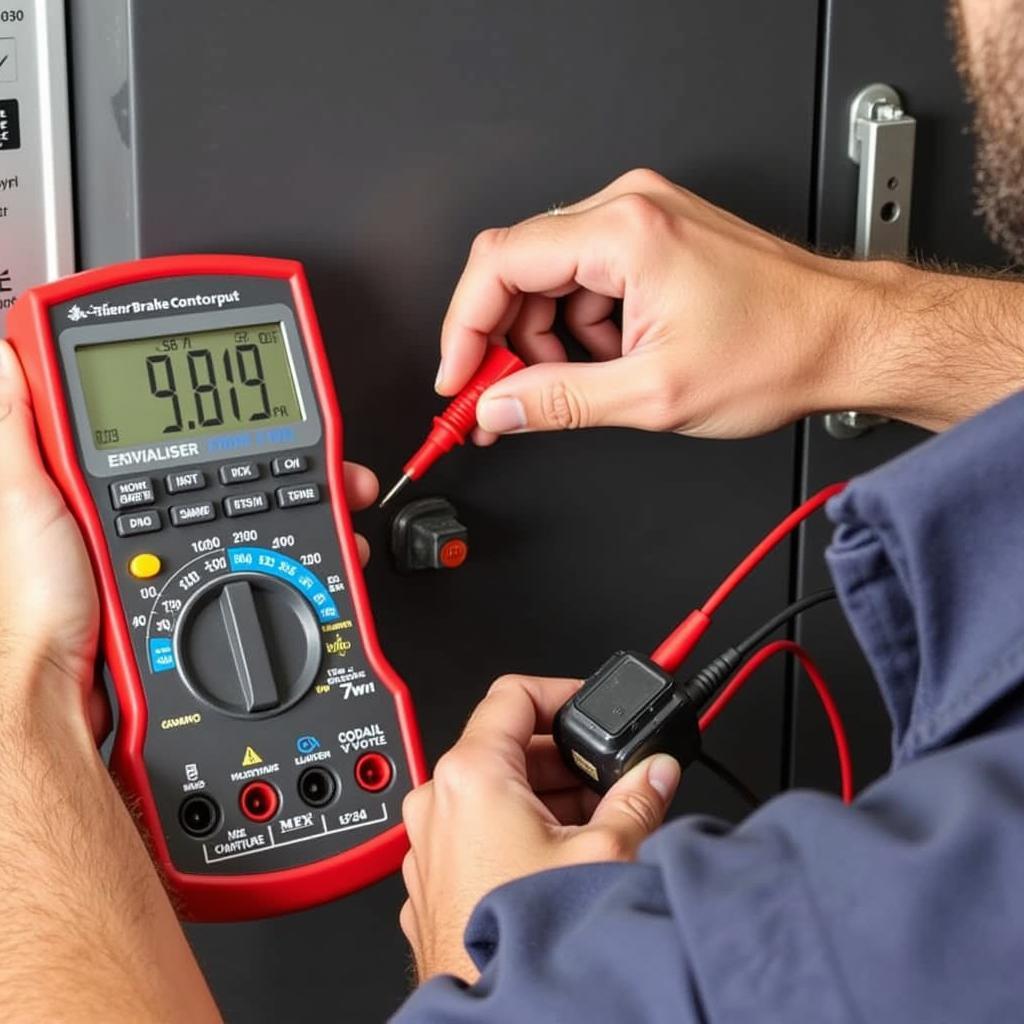 Testing the 2017 Silverado Trailer Brake Controller: A technician uses a multimeter to test the output voltage of the trailer brake controller, verifying its proper functionality.