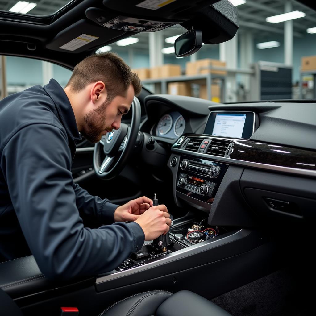 BMW audio upgrade factory technician meticulously working on a car's sound system.