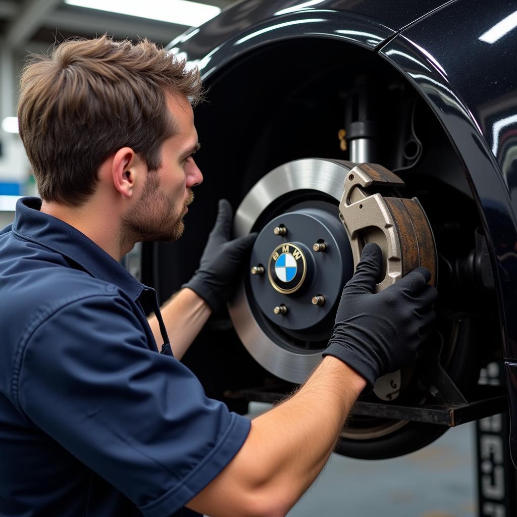 Mechanic Inspecting BMW Brake System