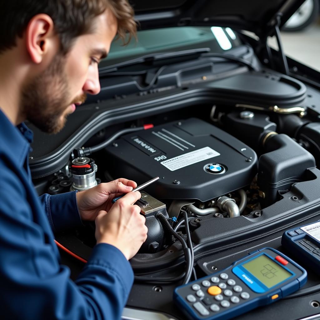 Technician repairing a BMW FRM module