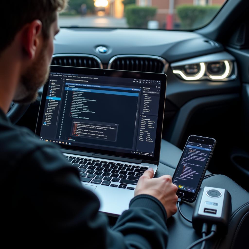 Technician Performing Remote Coding on BMW Adaptive Headlights