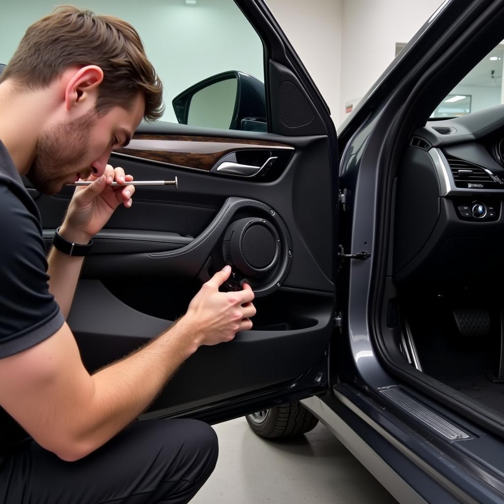 BMW X3 Audio Upgrade Installation: A professional installs new speakers in a BMW X3.