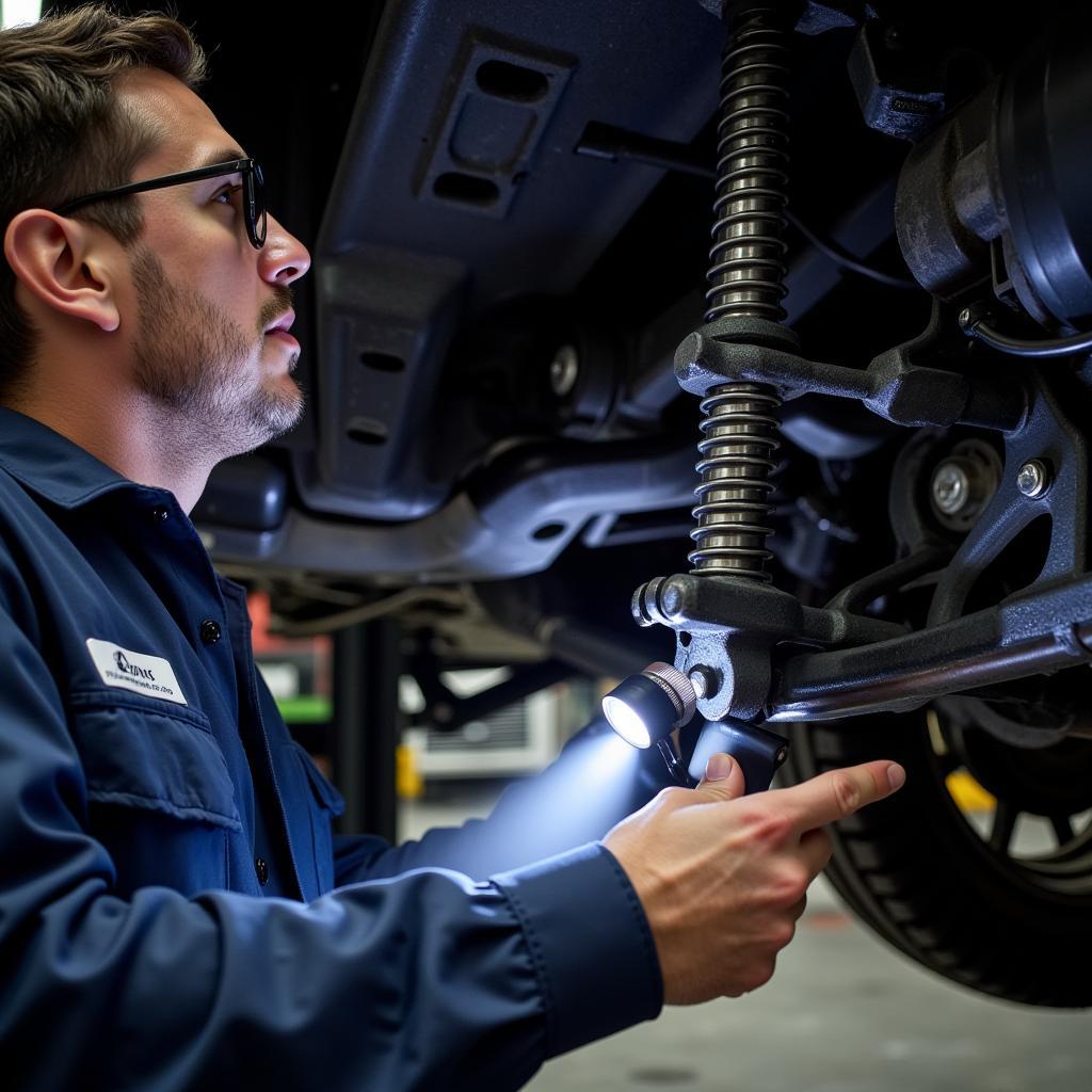 Mechanic Inspecting the Suspension of a BMW X3