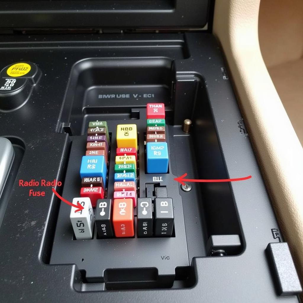 Open fuse box in a BMW X5 showing the location of various fuses including the radio fuse.