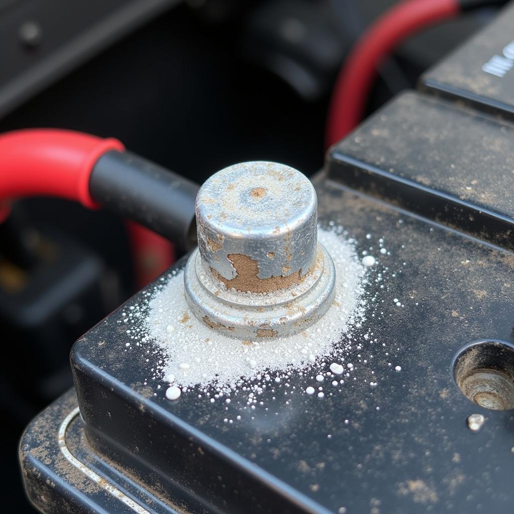 Car Battery Corrosion Issues: Image showing corroded battery terminals and the need for cleaning