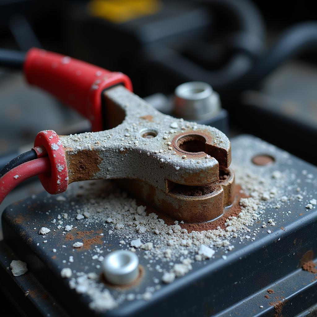 Car battery terminals corroded, preventing the car from starting despite the lights working.