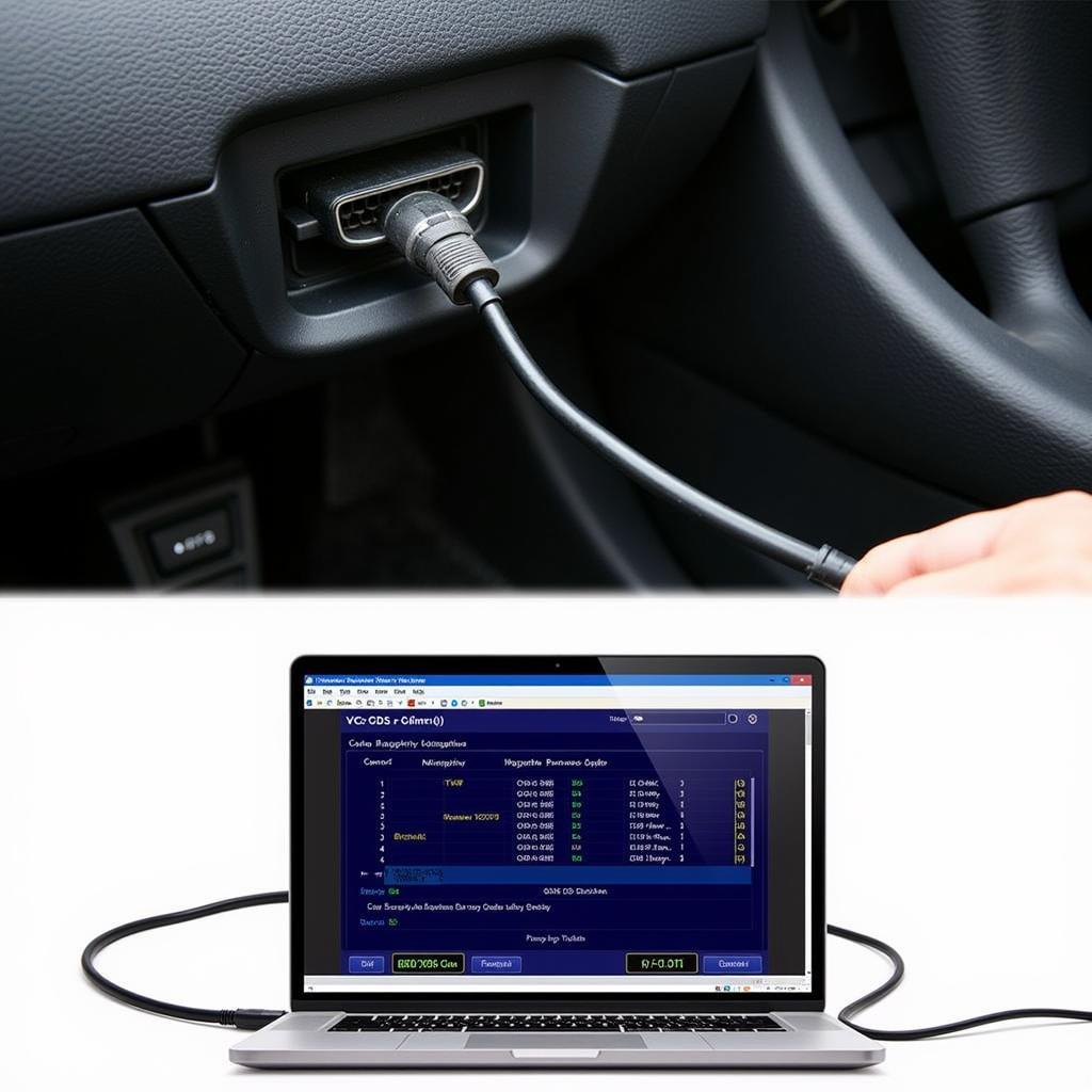 Car OBD-II Port Connected to Laptop with VCDS Software Running