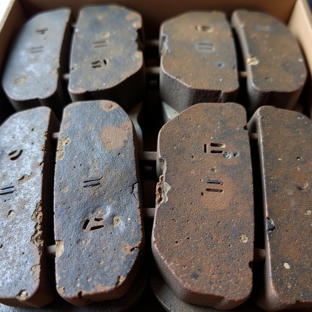 Close-up view of worn brake pads