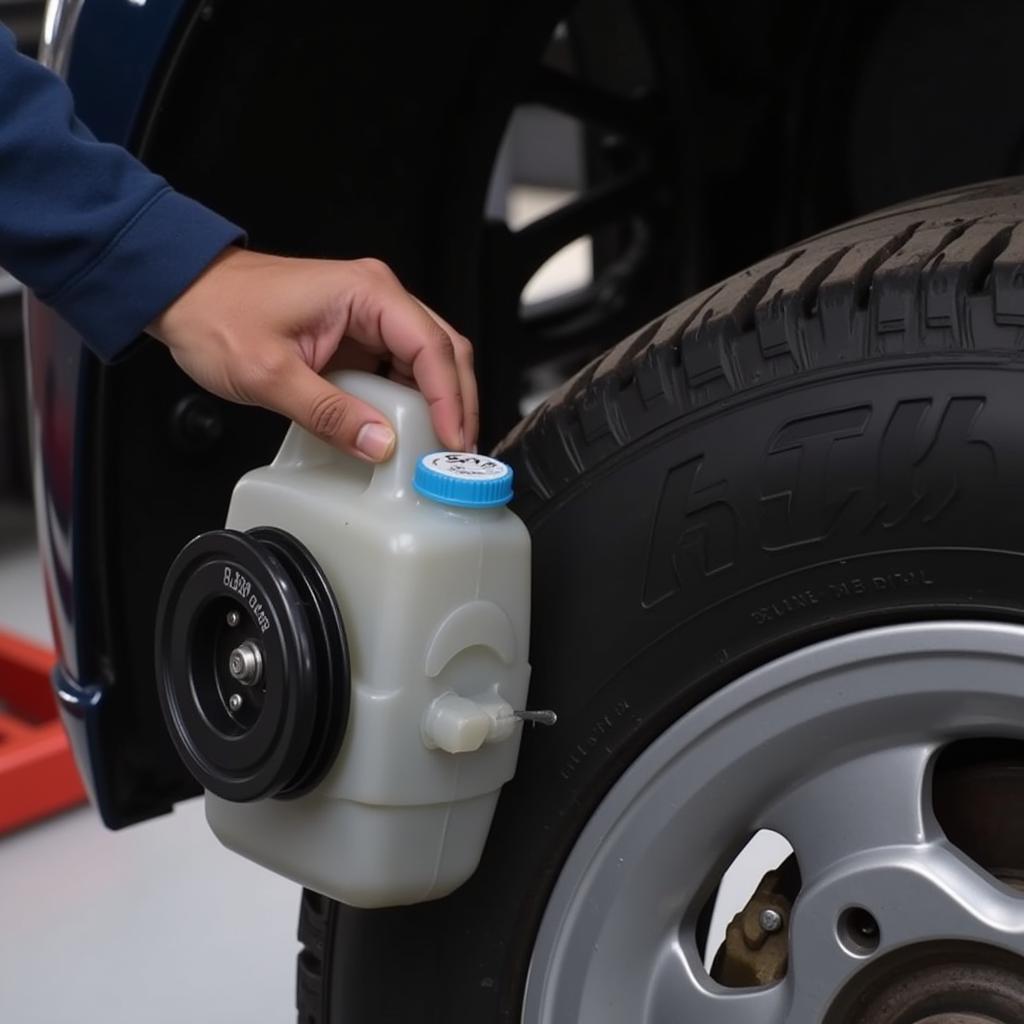 Mechanic Checking Brake Fluid Level in Car