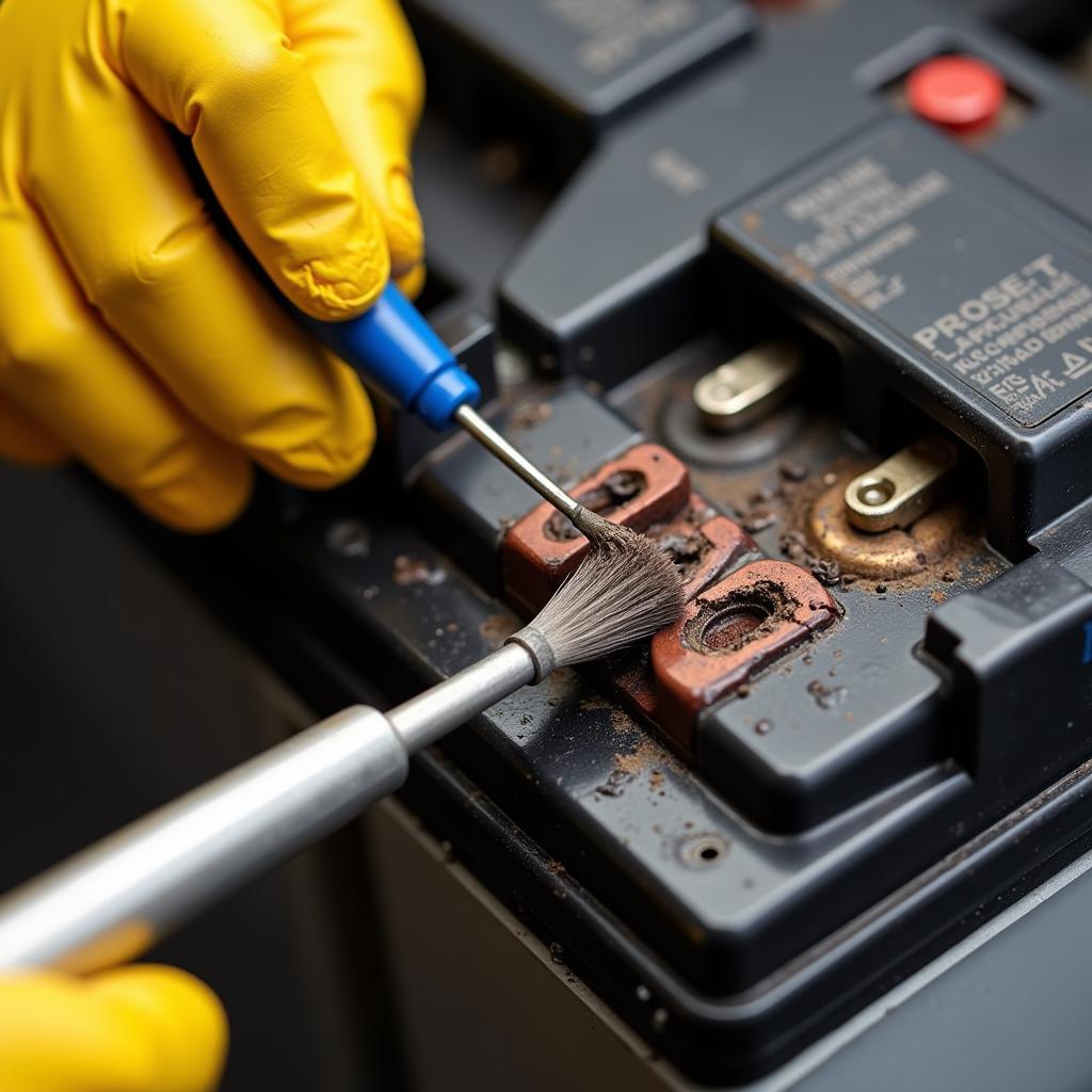 Checking Golf Cart Battery Terminals:  Close-up of hands cleaning corroded battery terminals on a golf cart with a wire brush.