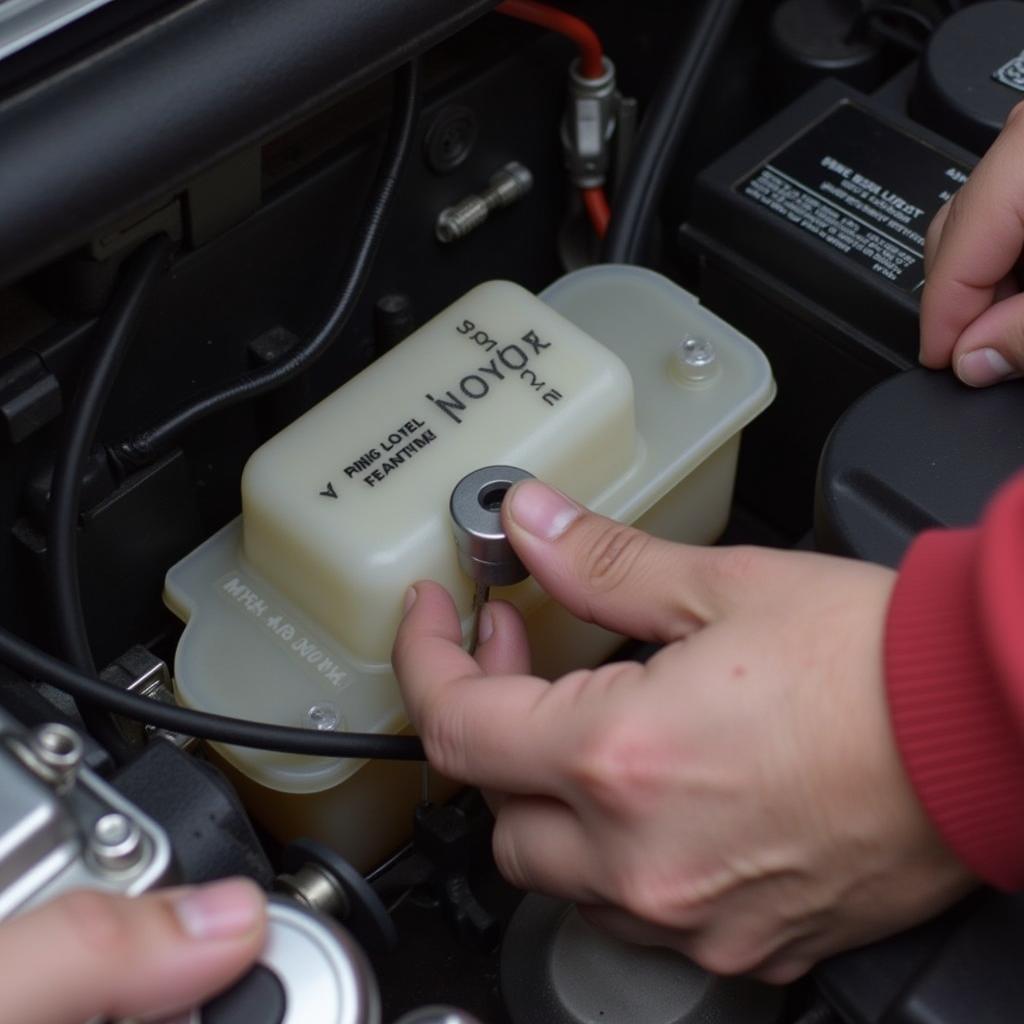 Checking the brake fluid reservoir in a Mini One