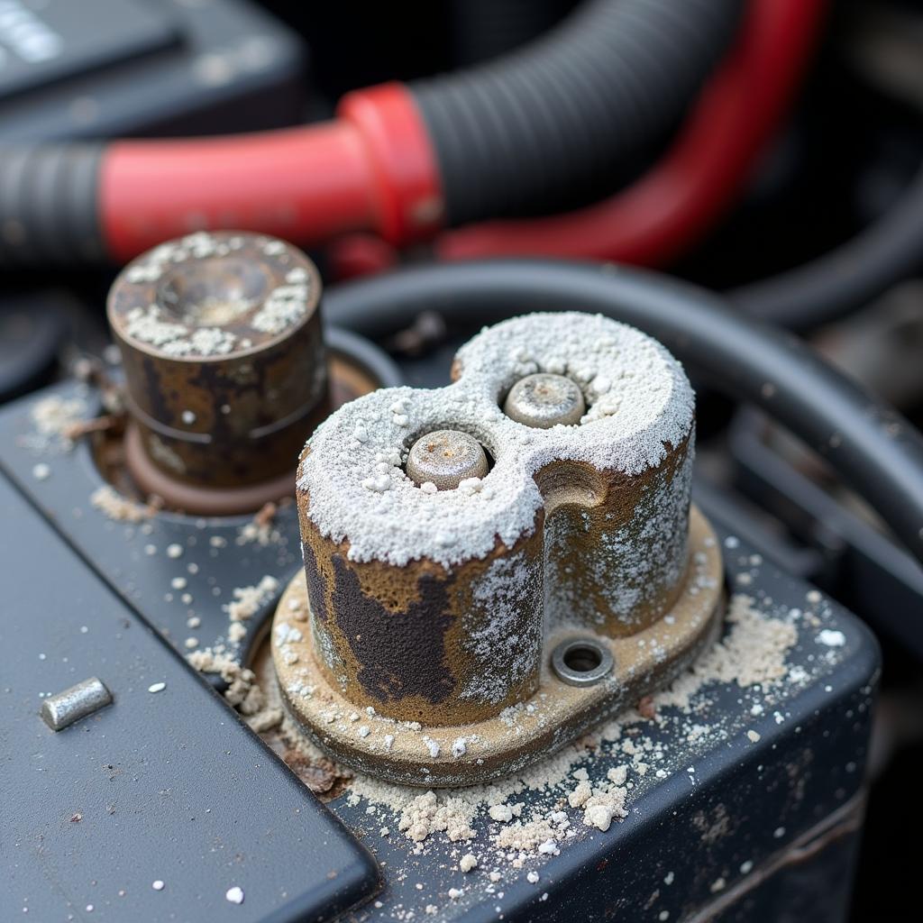 Car Battery Terminals Covered in Corrosion