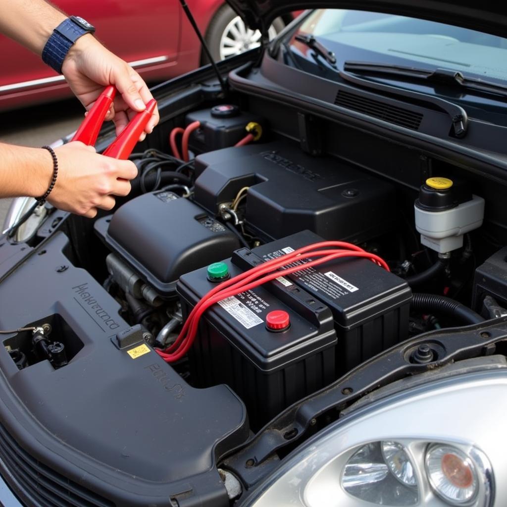 Car battery drained to zero being jump-started with jumper cables.