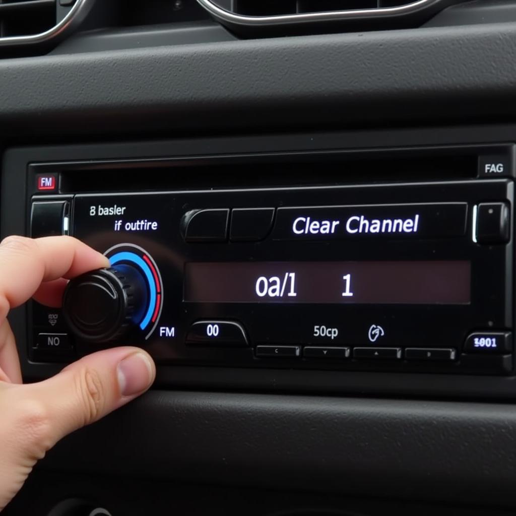 A close-up of a car radio display, showing the FM frequency being adjusted to find a clear channel for the Isunnao transmitter.