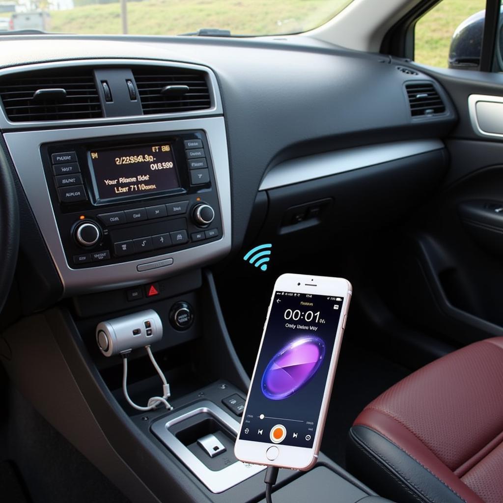 Isunnao FM transmitter connected to a car's cigarette lighter socket and a smartphone via Bluetooth, playing music.