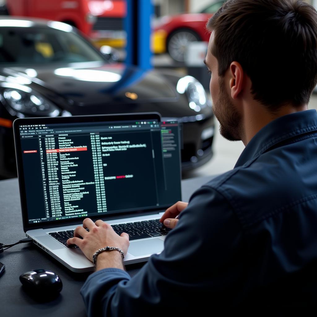 Mechanic Analyzing Porsche Panamera Diagnostics