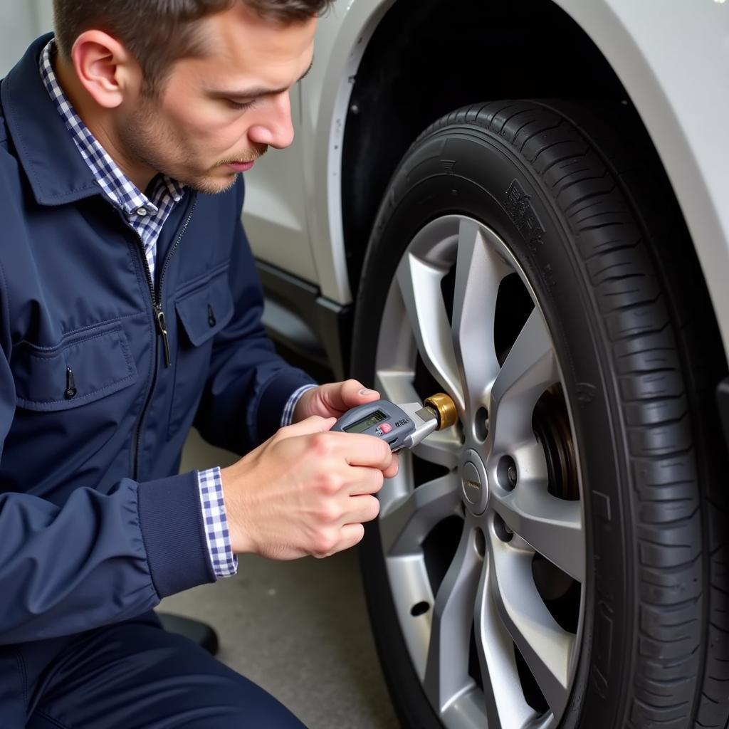 Mechanic Checking TPMS Sensor