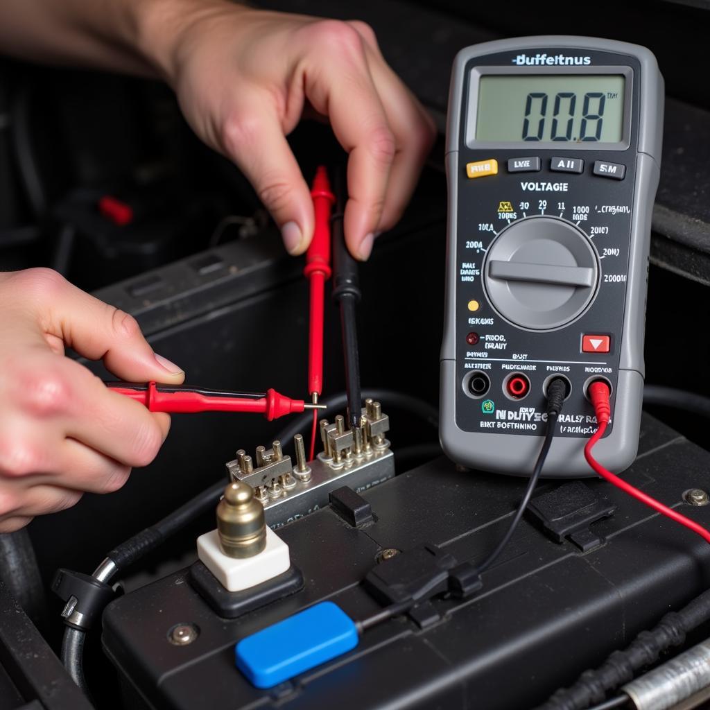 Mechanic Diagnosing Car Battery With Multimeter