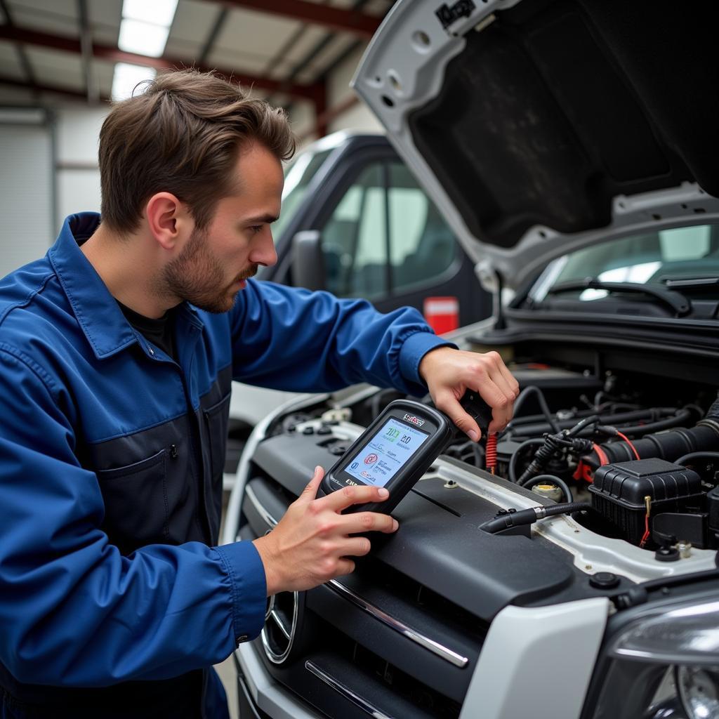 Mechanic Diagnosing Mercedes Benz Truck Electrical System