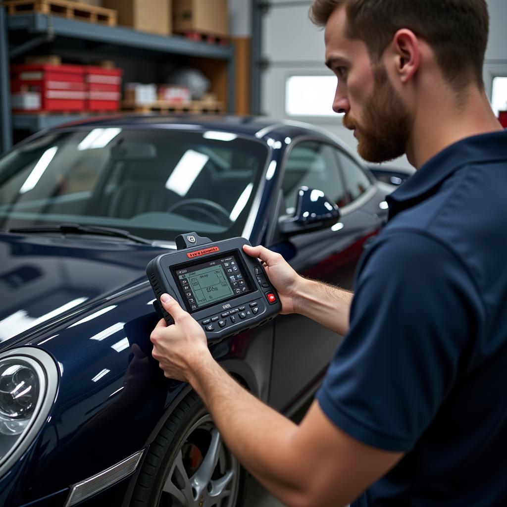 Mechanic Diagnosing a Porsche with a Durametric Tool