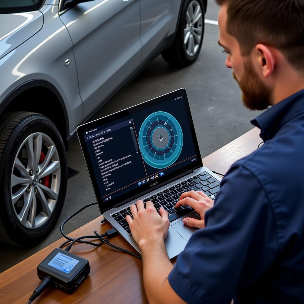 Mechanic using VCDS diagnostic tool to troubleshoot car ABS system