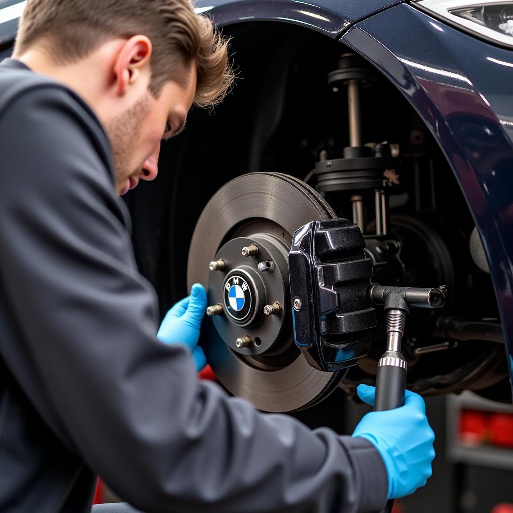 Mechanic Inspecting BMW Brakes