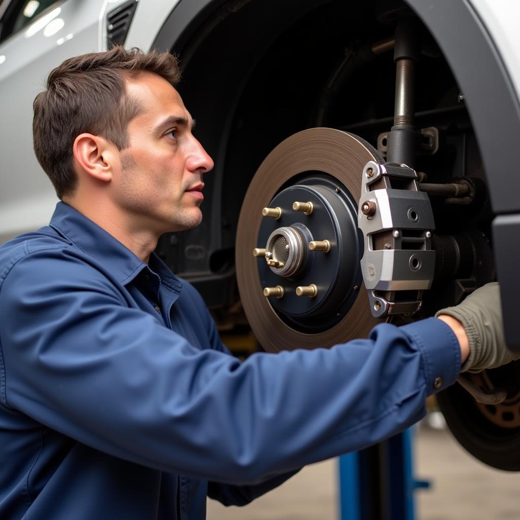 Mechanic inspecting brake pads