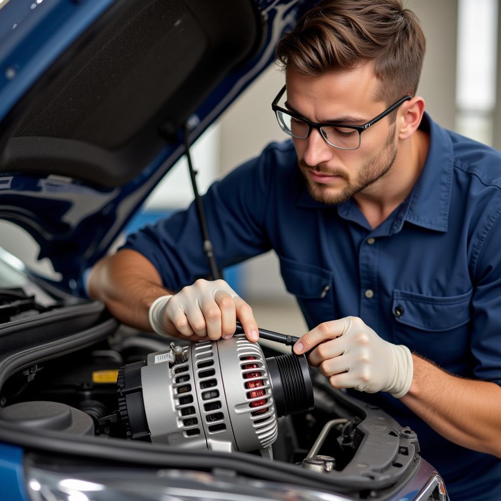 Mechanic Inspecting Car Alternator