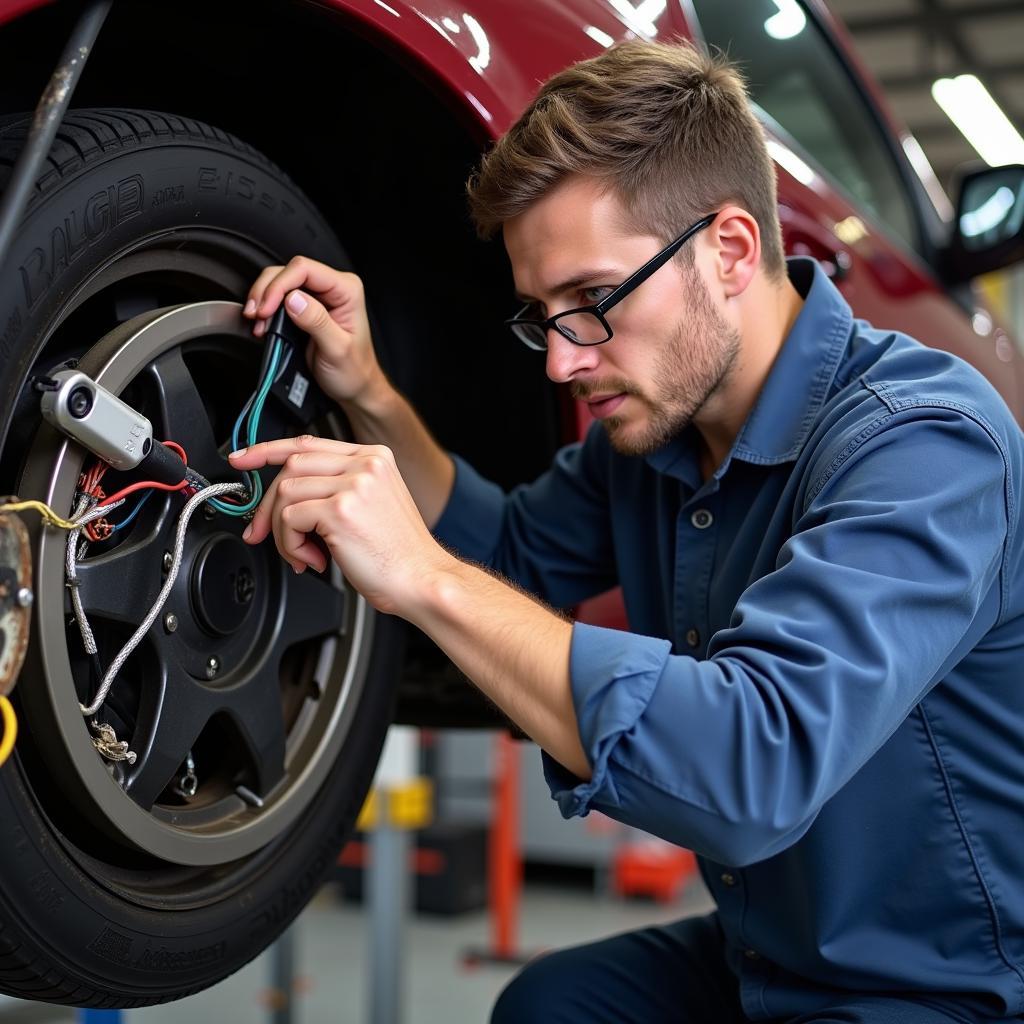 Mechanic inspecting car wiring harness for damage