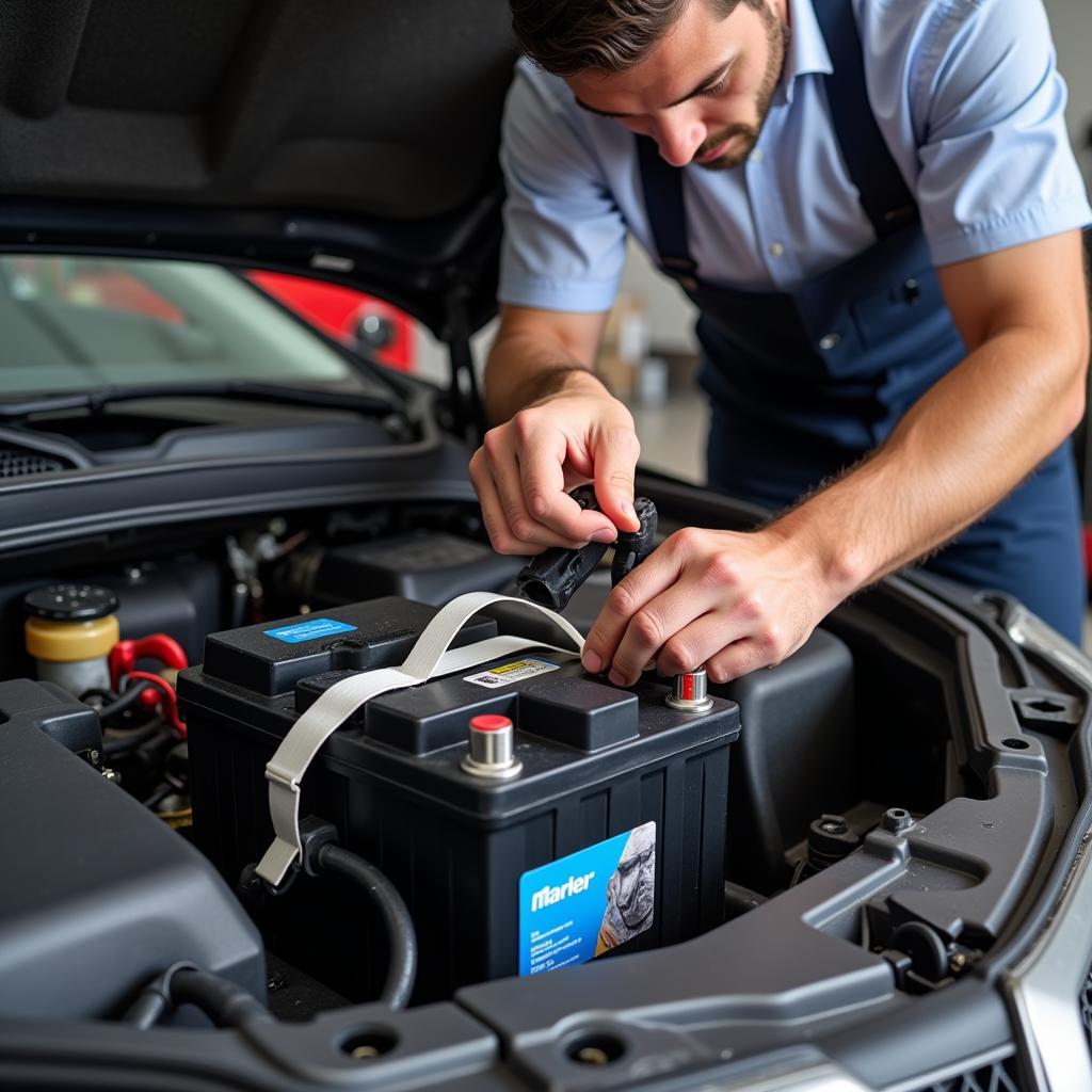 Mechanic Installing a New Car Battery