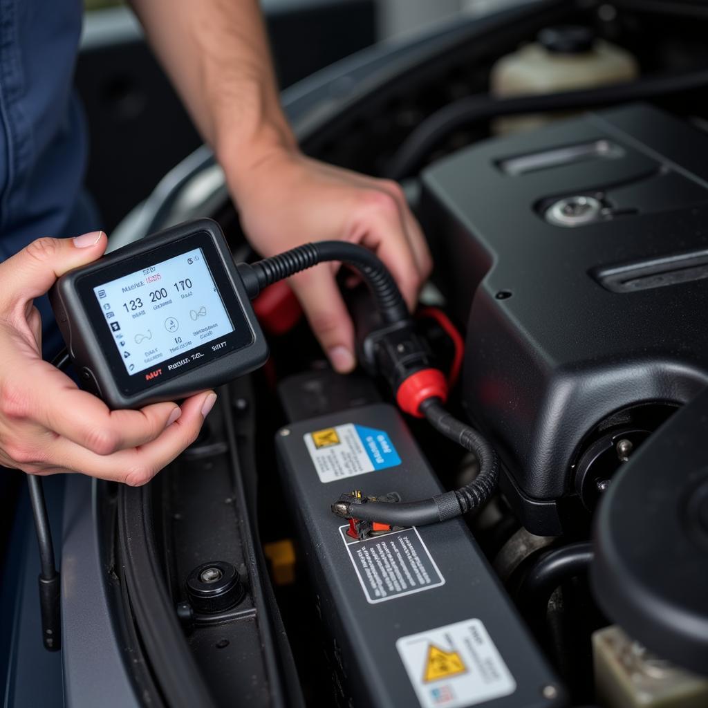 Mechanic Using Diagnostic Tool on Car Battery