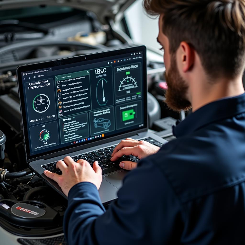 Mechanic performing remote car diagnostics using a laptop.