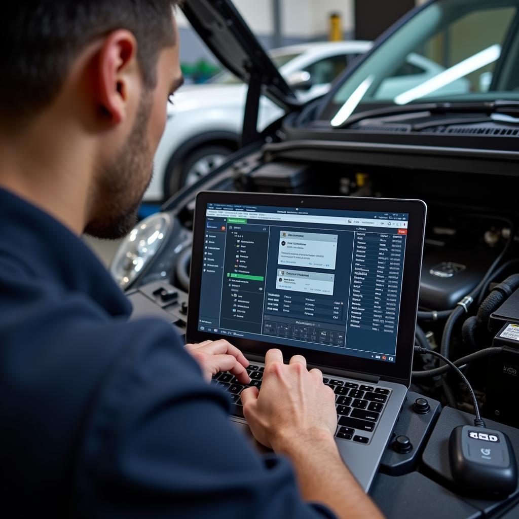 Mechanic using a laptop for remote car diagnostics related to slow cranking