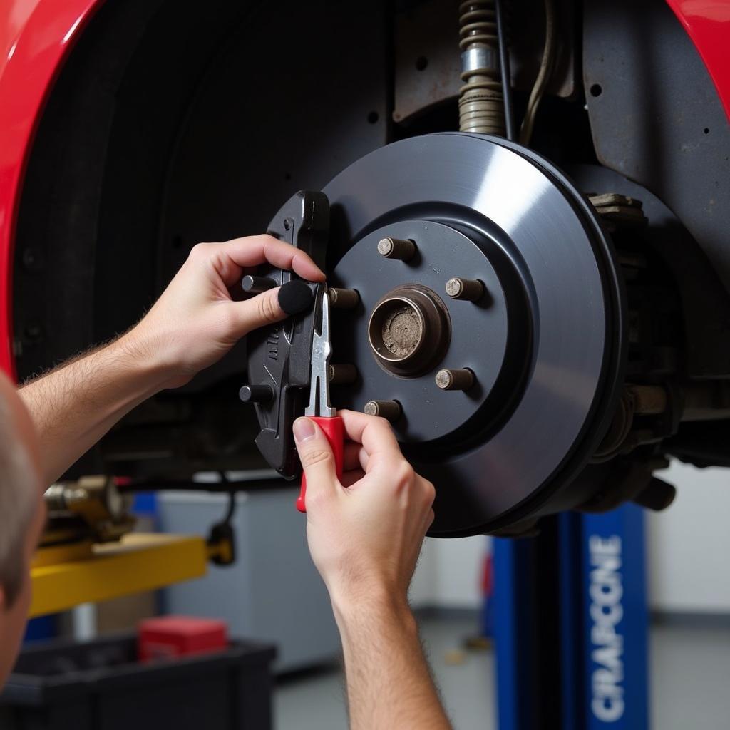 A mechanic replacing brake pads on a Volkswagen Jetta