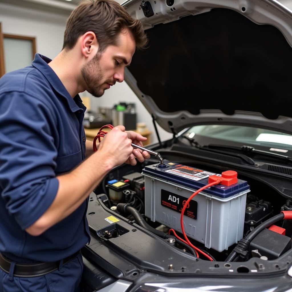 Mechanic Replacing Car Battery Cables