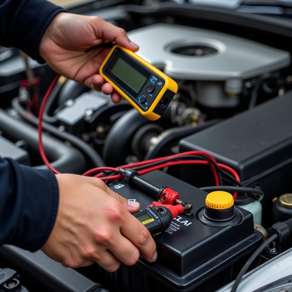 Mechanic Testing Car Battery with Multimeter