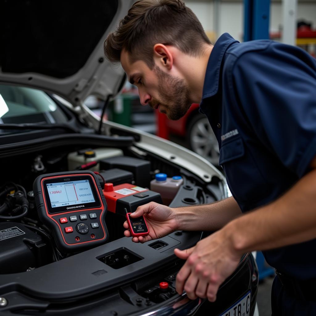 Mechanic Testing Car Battery