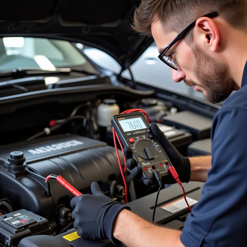 Mechanic Testing Car Battery with Multimeter