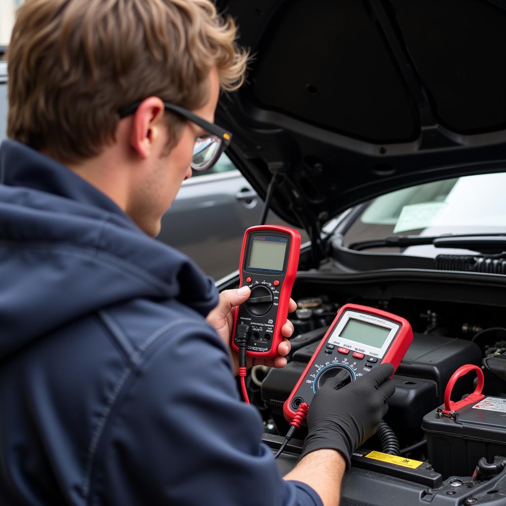 Mechanic Using Multimeter to Diagnose Mini Increased Battery Discharge