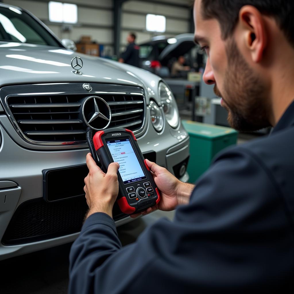 Mechanic Using a Diagnostic Tool on a Mercedes E55