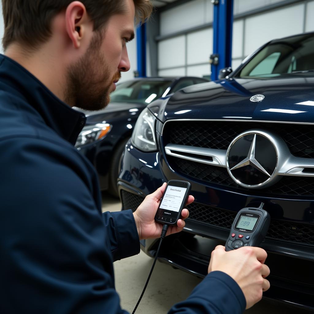 Mechanic Using Diagnostic Tool on Mercedes