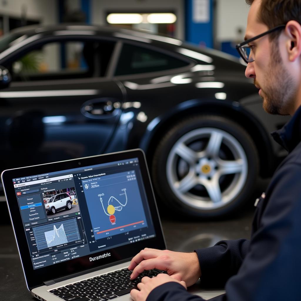 Mechanic Using Durametric Software to Diagnose Porsche