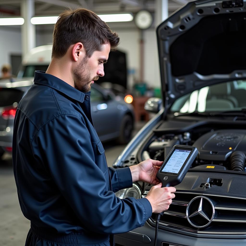 Mechanic Using OBD Scanner on Mercedes CLK 350