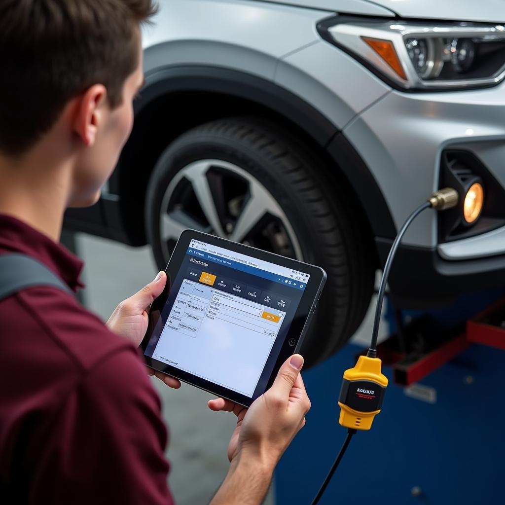 Mechanic using Ross-Tech HEX-NET VCDS Mobile to diagnose a car